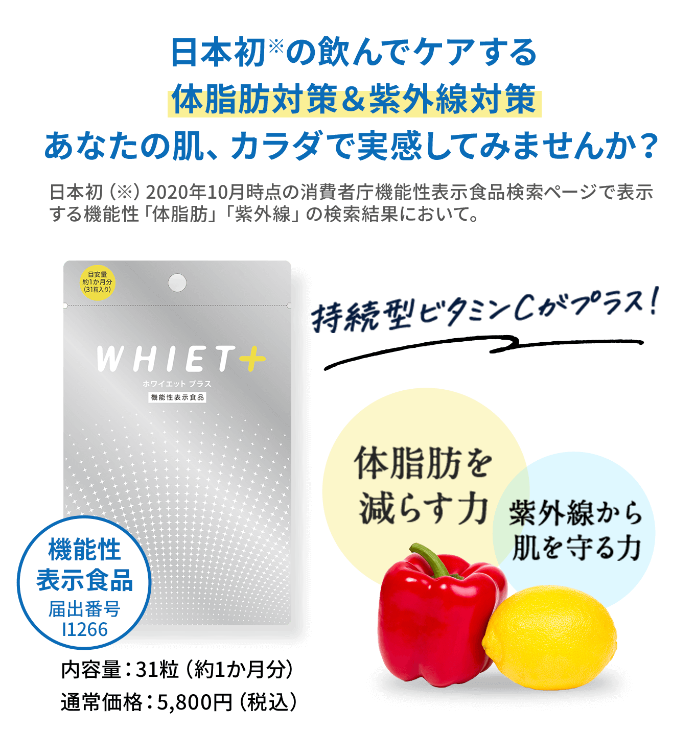 日本初※の飲んでケアする体脂肪対策＆紫外線対策あなたの肌、カラダで実感してみませんか？