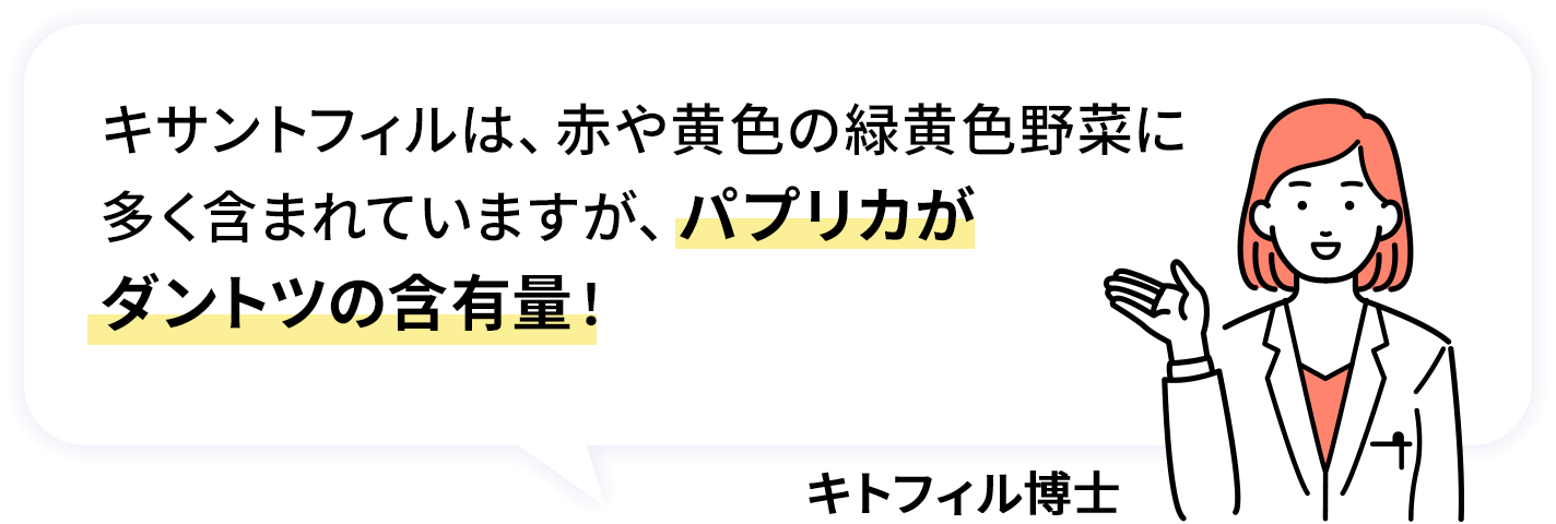 キサントフィルは、赤や黄色の緑黄色野菜に 多く含まれていますが、パプリカが ダントツの含有量！